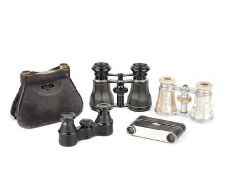 Five Pairs of Opera Glasses with Handles, including purse-typeLa mignonne patent, CP Goerz, cased, and Lamaire mother-of-pear