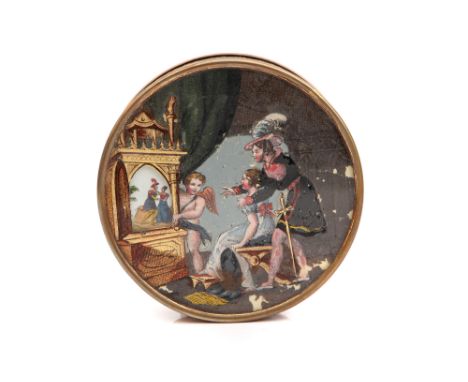 A Rare Magic Lanternist 'Bonboniere' Powder Box, French, c1830/40, with coloured print with gilt decoration depicting a cupid