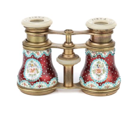 A Pair of Opera Glasses, French, c.1880, signed 'Chevalier Paris', gilt brass with red enamel barrels, blue beads and panels 