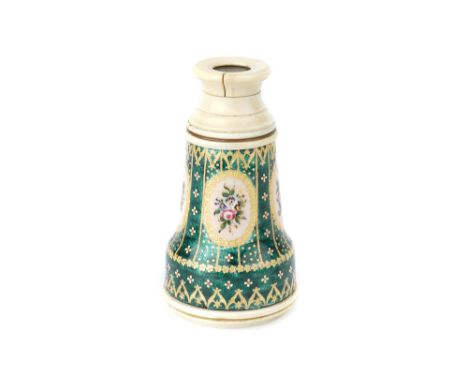 A Fine Monocular Opera Glass, French, c.1860-1880, unsigned in gilt brass with green enamel barrel decorated with flowers and