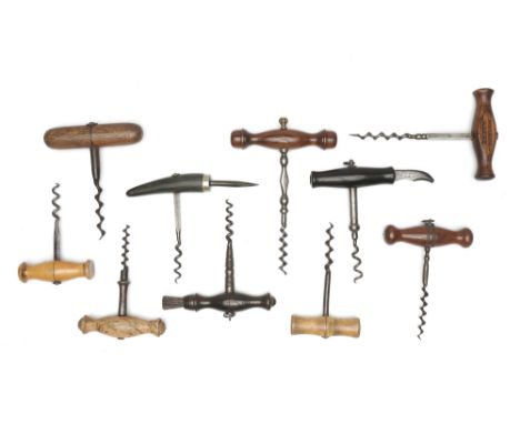 A Collection of Ten Corkscrews, a simple corkscrew with Epernay hook, tip broken, marked ‘Lund London, Lund’s Epernay Hook, C