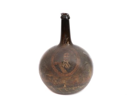 A Dutch Commemorative Painted Onion Wine Bottle, circa 1700, with painted portrait reserve of Egbert Meeuwsz Kortenaar, all h