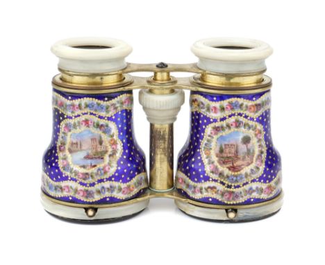A Pair of Opera Glasses with Oval Lenses, French, c.1870, unsigned, gilt brass with finely decorated cobalt blue enamel barre