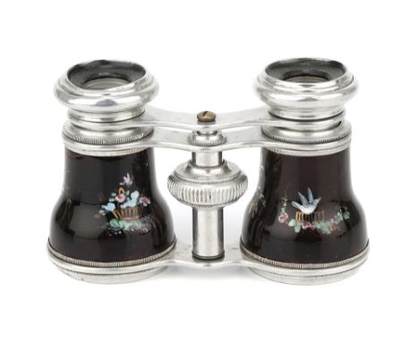 A Pair of Opera Glasses, French, c.1895, unsigned, aluminium with painted black enamel barrels with figures, mother-of pearl 