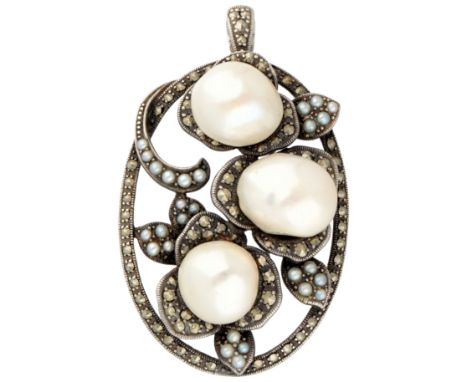 Sterling silver vintage pendant / brooch set with baroque pearl, seed pearl and marcasite. Set with three cultivated baroque 