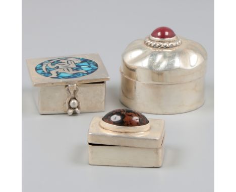 3-piece lot of silver boxes. Round, square and rectangular model including two with gemstones and one depicting a tribal warr