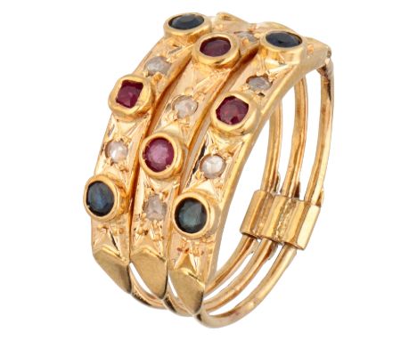 18K Yellow gold triple ring with synthetic ruby and sapphire. Set with eight synthetic rubies and sapphires and rose cut diam