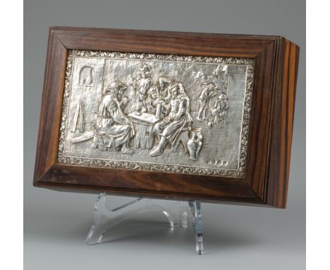 Cigar box silver. Beautiful wooden box with plaque depicting a traditional inn scene in relief. The Netherlands, Zeist, Gerri