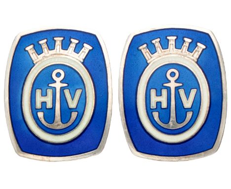 David Anderson silver cufflinks. Anchor and monogrammed HV (King Harold V of Norway) in a circle with a crown against a blue 