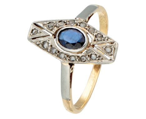 Yellow gold / platinum Art Deco ring set with diamond and synthetic sapphire. Made in 14K yellow gold and BWG platinum. Set w