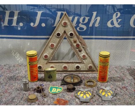 Cast aluminium warning triangle, 2 AA car mascots, 2 Dunlop repair kit tins and other items 