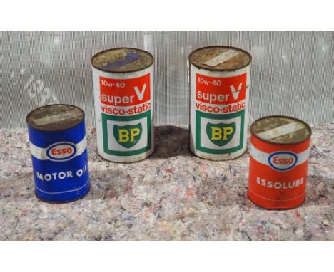 2- BP Super-V 1 quart oil bottles and 2 Esso oil cans 