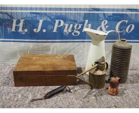 Esso 2 stroke oil pourer, brass flask, Enamel jug and other items 