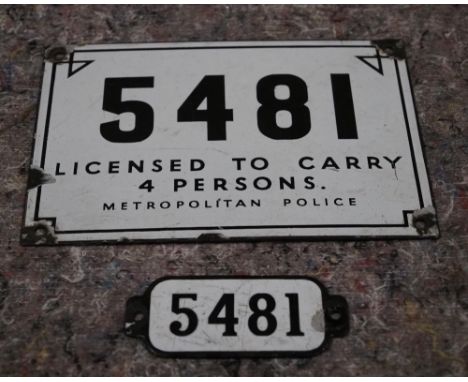 2 Enamel signs- 1950s/60s London taxi licence to Carry 4 Persons and Taxi Cab Number 