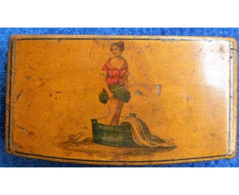 Collectables, a 19th C Wooden Snuff Box with hinged lid depicting a young lady with her skirts raised treading laundry in a w