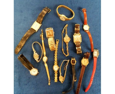 Watches, 14 ladies watches to include a 1930s Crusader 9ct gold ladies watch with gold coloured engine turned face, Gruen Cur