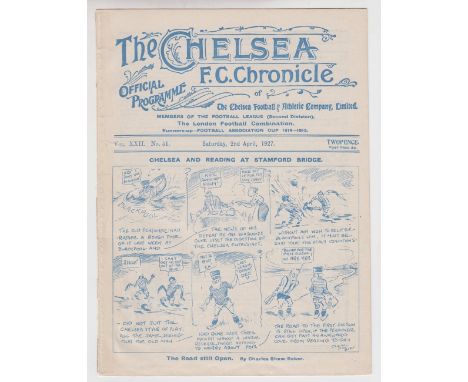 Football Programme, Chelsea v Reading, 2nd April 1927, Div. 2 (ex binder, light tape repair to spine, otherwise gd)