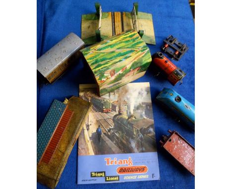 Vintage Trains and Toys a quantity of Hornby toys to include train buffers, carriage, flat bed wagon, level crossing etc, Wel