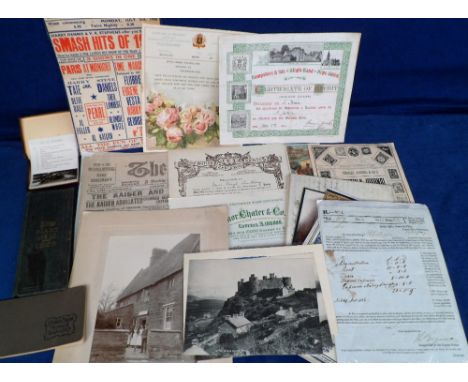 Ephemera, mixed selection of items 1800's onwards inc. decorative Victorian photo album (empty), 1858 diary, British Empire e