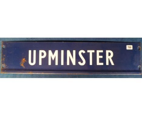 Railwayana, London Transport, enamel destination sign for Upminster, white writing on blue background, 75cm x 17cm, (some min