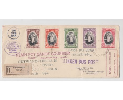 Postal History, Tonga, Tin can mail postal cover sent by registered mail for First Day of issue stamps showing Queen Salote, 