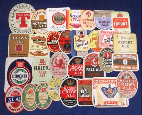 Beer labels, a mixed selection of 30 U.K labels various shapes, sizes and brewers inc. Tennents Glasgow Light Beer vertical o