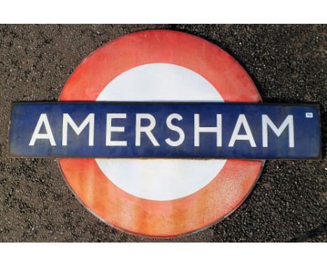 Railways, London Underground Amersham Station enamel sign in 3 parts comprising centre name plate, white lettering on blue ba