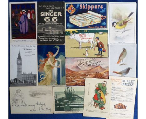 Postcards, Advertising selection of 30+ cards including Dewar's Poster card, Singer 66, Fry's chocolate (Cow), Skipper's tinn