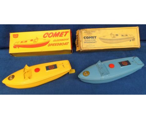 Toys, Sutcliffe Models Comet Tinplate Clockwork Speedboats, two examples, first deep yellow, second light blue, in original b