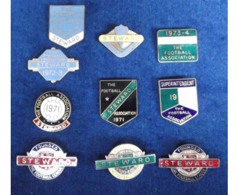 Football badges, a collection of ten, 1970's, Football Association &amp; Football League Steward Badges, all on metal with en