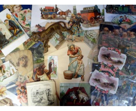 Tony Warr Collection, Ephemera,  Mixed Victorian Scraps, 100+ scraps to include Queen Victoria, tigers, fox hunting, coal mer