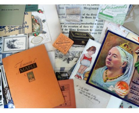 Ephemera, a quantity of mixed ephemera to include 1840/50s dated small home made scrap book, 1879 copy of The Graphic, advert