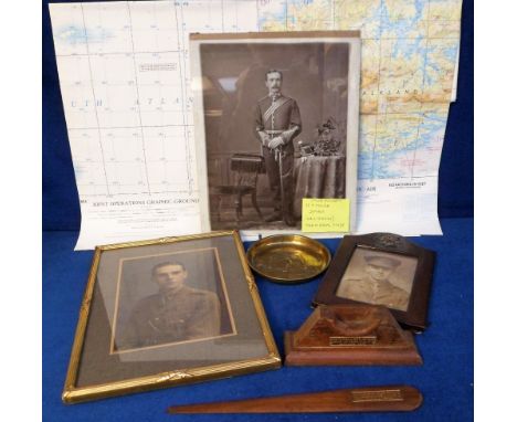 Militaria, a hand embellished WW1 Opaltype portrait of an officer of the 29th Foot, an RASC leather photo frame, a teak lette