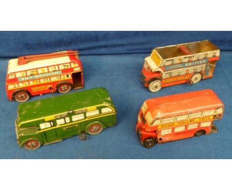 Toys, Tinplate Clockwork Buses, Wells Brimtoy No.804 Trolley Bus, Green Line Transport Single Deck Bus, Half Cab Double Decke