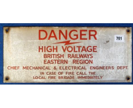 Railwayana, British Railways Eastern region, enamel warning sign 'DANGER, HIGH VOLTAGE', red writing, white background, 42cm 
