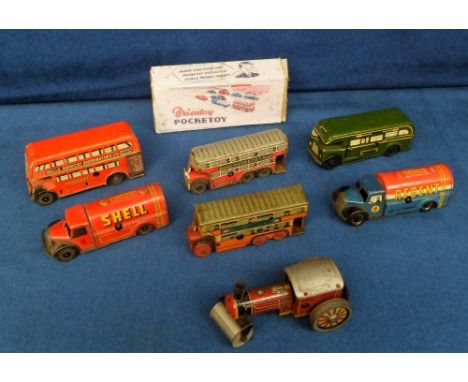 Toys, Wells Brimtoy Pocketoys, Steam Roller, Green Line Bus, Regent Tanker, Shell Tanker, Double Decker Bus, six wheel Double