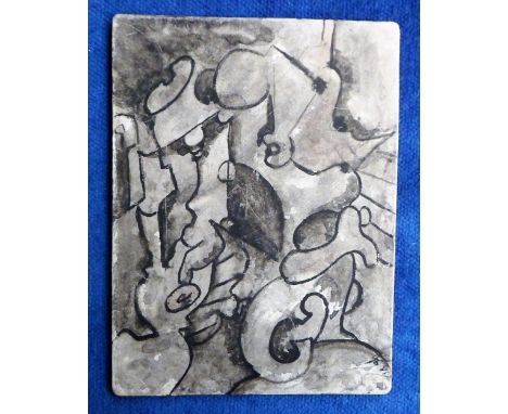 Artwork, small abstract monochrome ink on board artwork by unknown artist, monogrammed and dated. Previously owned by, and de