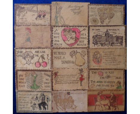 Postcards, a selection of 29 Novelty cards including Leather (18) and Hold-to-Light (11). Subjects include topographical, cot