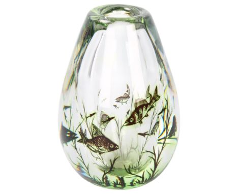 Edward Hald (1883-1980) for Orrefors, a green glass Graal - Fish vase, signed to base, numbered 9520, circa 1950, height  15c