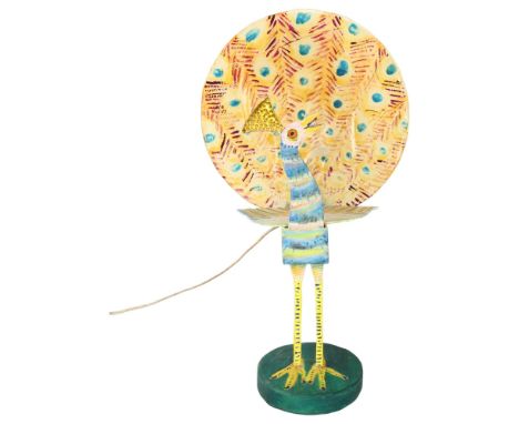 Gerard Rigot (b.1929), France, a hand carved wooden Peacock lamp with perspex tail fan, signed to base, height 52cmSurface di