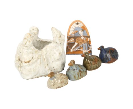 Mana Lagerholm (1946-2001), Sweden, a collection of handbuilt ceramics, 4 ducks, a bisque fired wall plaque and a planter, un