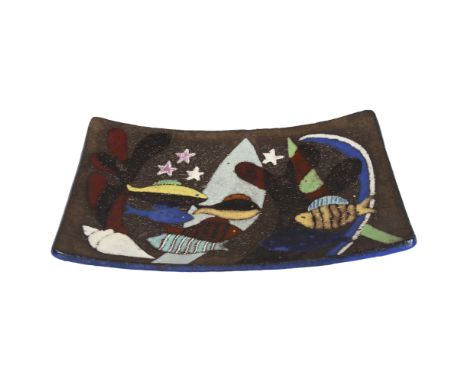 Anna-Lisa Thomson for Uppsala Ekeby, a 1951 designed "Spectra" ceramic dish with polychrome decoration on brown chamotte glaz