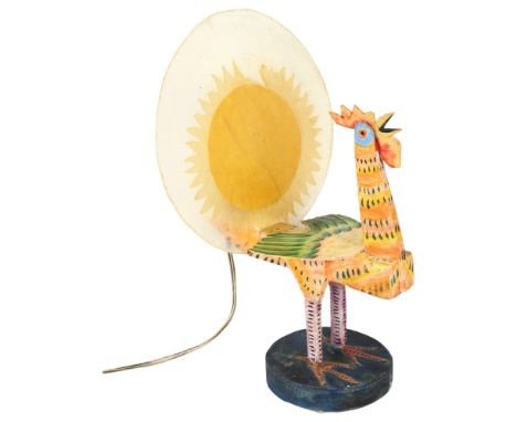 Gerard Rigot (b.1929), France, a hand carved wooden Cockeral lamp with perspex tail fan, signed to base, height 40cmTail pain