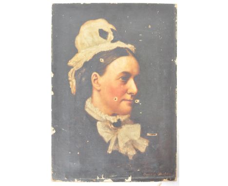 Eleanor Stuart Wood (fl.1876-1893) - an antique late 19th century oil on canvas portrait painting study of a lady in typical 