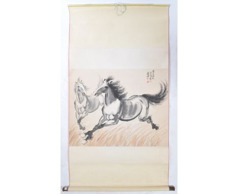 Xu Beihong (1895-1953) - Horses Chasing and Racing - Chinese ink on paper scroll depicting two black race horses painted in P