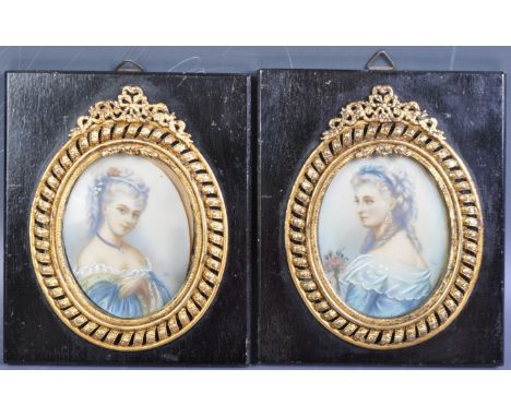An antique pair of 19th Century portrait miniature study paintings depicting two ladies / maidens in medieval clothing. One w