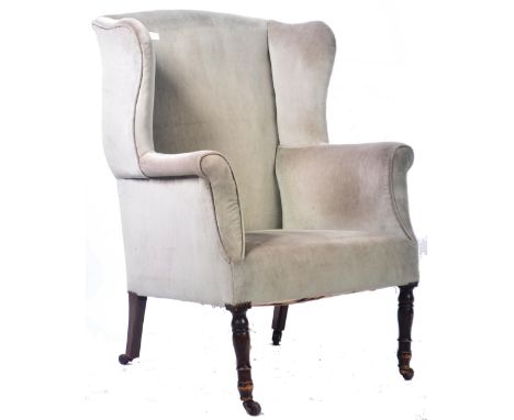 An antique 19th Century Georgian / Queen Anne revival wingback armchair / fireside wing arm chair, Vibrant upholstery with br
