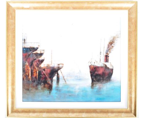 David Chambers (1946-present) - English Artist - An oil on board seascape painting depicting&nbsp;early 20th Century moored b