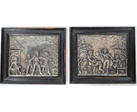 Charles Anfrie (1833-1905) - A pair of antique 19th Century French silver plated copper&nbsp;tableau panel depicting two scen