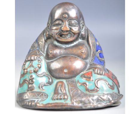 An antique 19th Century Chinese Oriental&nbsp;cloisonne&nbsp;Budai The Laughing Fat Buddha in a seated position adorned with 